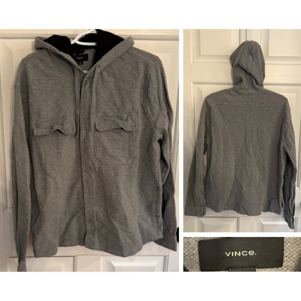 Vince Gray Cotton Button Up Hooded Long Sleeve Shirt Jacket - 31928